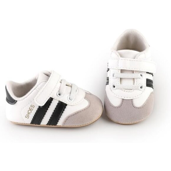 Baby Boys Girls Black Faux Leather Rubber Sole Retro Walking Sneakers Shoes - Picture 4 of 6